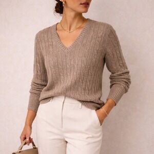 Neutral Mocha Cable Knit V-Neck Sweater Timeless Classic Style Quiet Luxury LRG